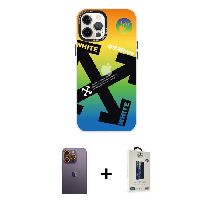 MARSİLYAN™- iPhone 12 Pro Max Kılıf Siluet Çizgi Koleksiyonu - Siyah Bilvis Hayalet Cam Ekran Koruyucu + Neon Fosforlu Kamera Lens - SI