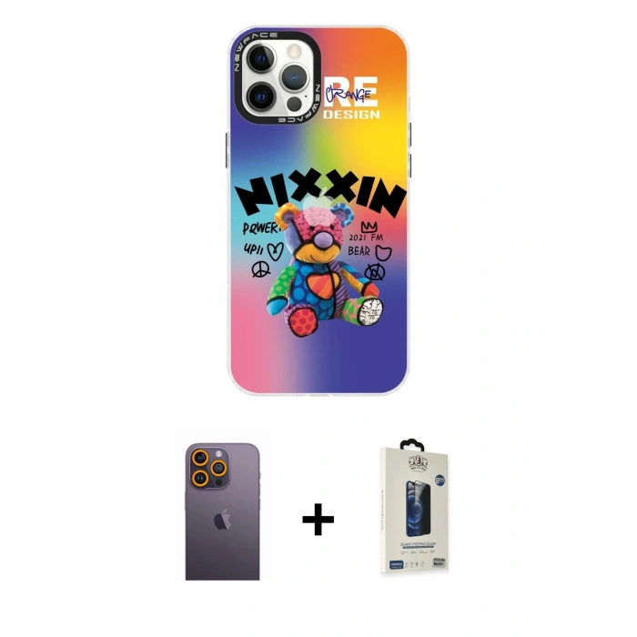 MARSİLYAN™- iPhone 12 Pro Max Kılıf Siluet Çizgi Koleksiyonu - Siyah Bilvis Hayalet Cam Ekran Koruyucu + Neon Fosforlu Kamera Lens - SI