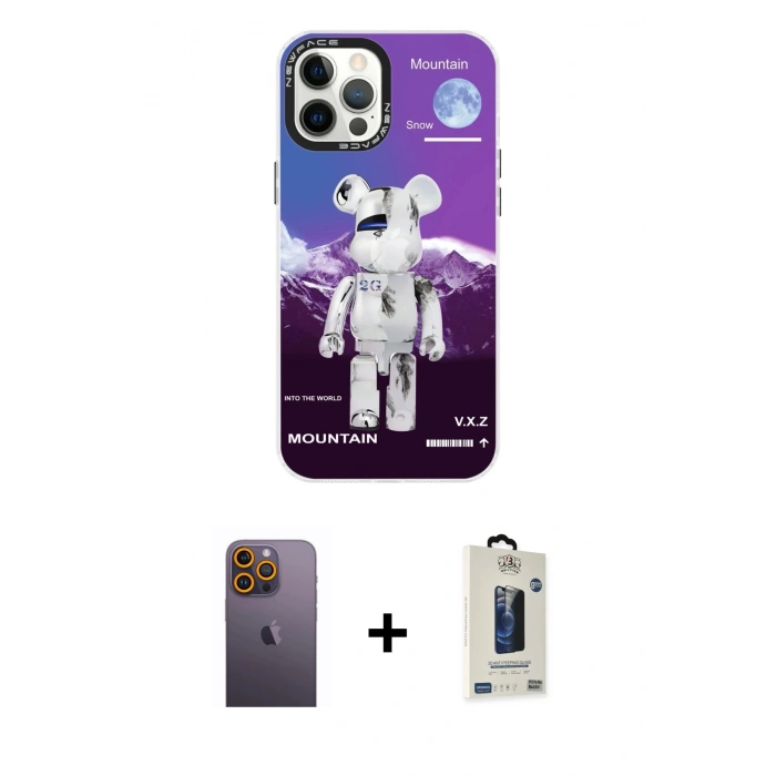 MARSİLYAN™- iPhone 12 Pro Max Kılıf Siluet Çizgi Koleksiyonu - Siyah Bilvis Hayalet Cam Ekran Koruyucu + Neon Fosforlu Kamera Lens - SI