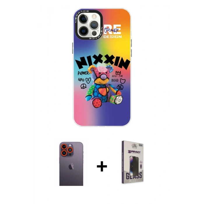 MARSİLYAN™- iPhone 12 Pro Max Kılıf Siluet Çizgi Koleksiyonu - Siyah Bilvis Hayalet Cam Ekran Koruyucu + Neon Fosforlu Kamera Lens - TU
