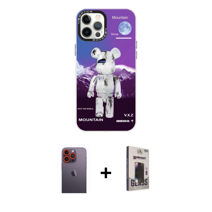 MARSİLYAN™- iPhone 12 Pro Max Kılıf Siluet Çizgi Koleksiyonu - Siyah Bilvis Hayalet Cam Ekran Koruyucu + Neon Fosforlu Kamera Lens - TU
