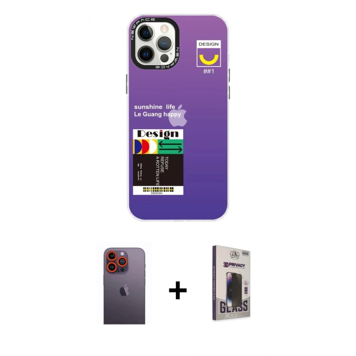 MARSİLYAN™- iPhone 12 Pro Max Kılıf Siluet Çizgi Koleksiyonu - Siyah Bilvis Hayalet Cam Ekran Koruyucu + Neon Fosforlu Kamera Lens - TU