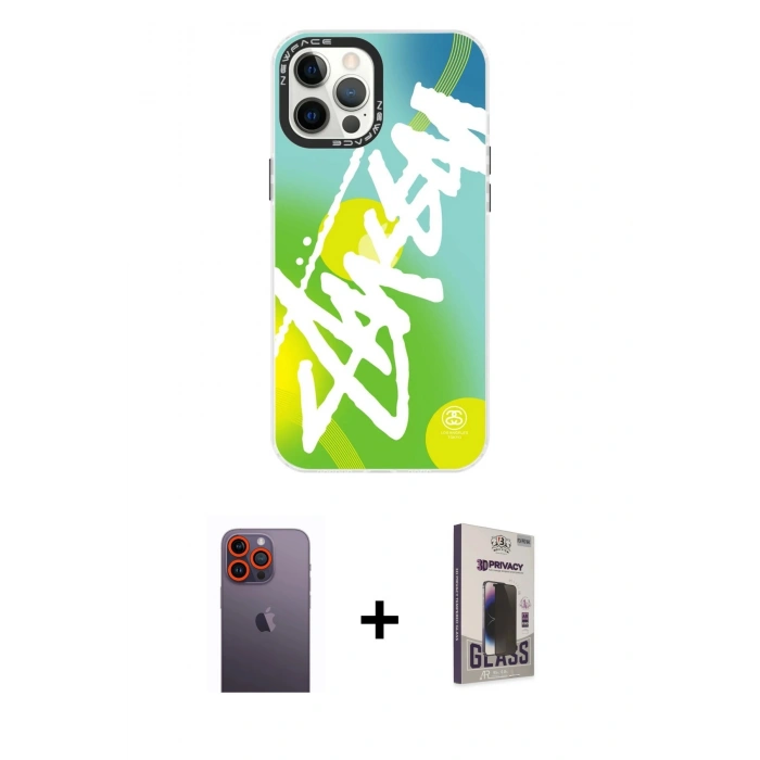 MARSİLYAN™- iPhone 12 Pro Max Kılıf Siluet Çizgi Koleksiyonu - Siyah Bilvis Hayalet Cam Ekran Koruyucu + Neon Fosforlu Kamera Lens - TU