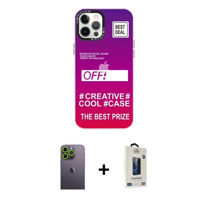 MARSİLYAN™- iPhone 12 Pro Max Kılıf Siluet Çizgi Koleksiyonu - Siyah Bilvis Hayalet Cam Ekran Koruyucu + Yeşil Neon Fosforlu Kamera Lens
