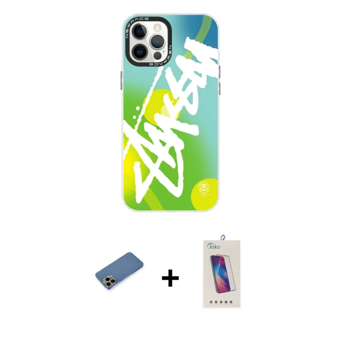 MARSİLYAN™- iPhone 12 Pro Max Kılıf Siluet Çizgi Koleksiyonu - Siyah Joko 5D Cam + Gold Shine Kamera Lens Koruma Cam