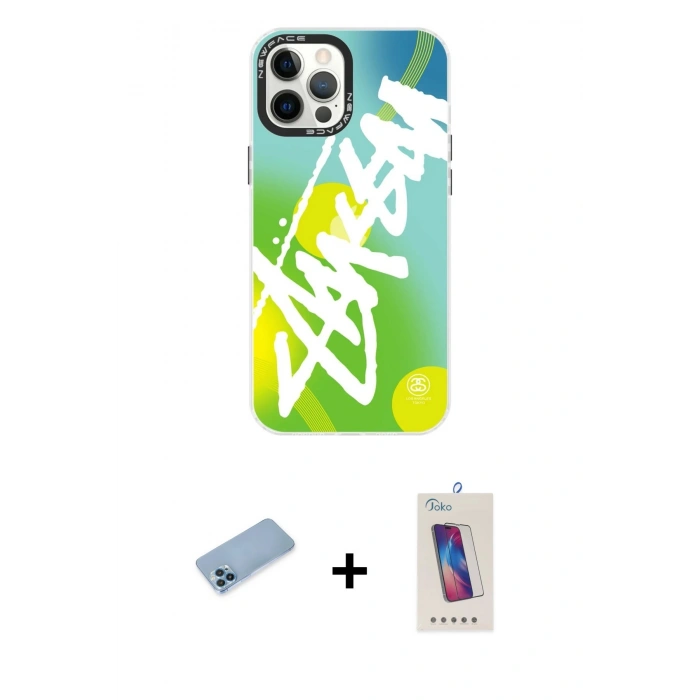 MARSİLYAN™- iPhone 12 Pro Max Kılıf Siluet Çizgi Koleksiyonu - Siyah Joko 5D Cam + Mavi Shine Kamera Lens Koruma Cam