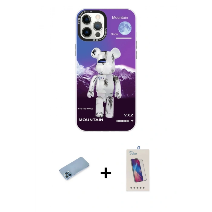 MARSİLYAN™- iPhone 12 Pro Max Kılıf Siluet Çizgi Koleksiyonu - Siyah Joko 5D Cam + Mavi Shine Kamera Lens Koruma Cam