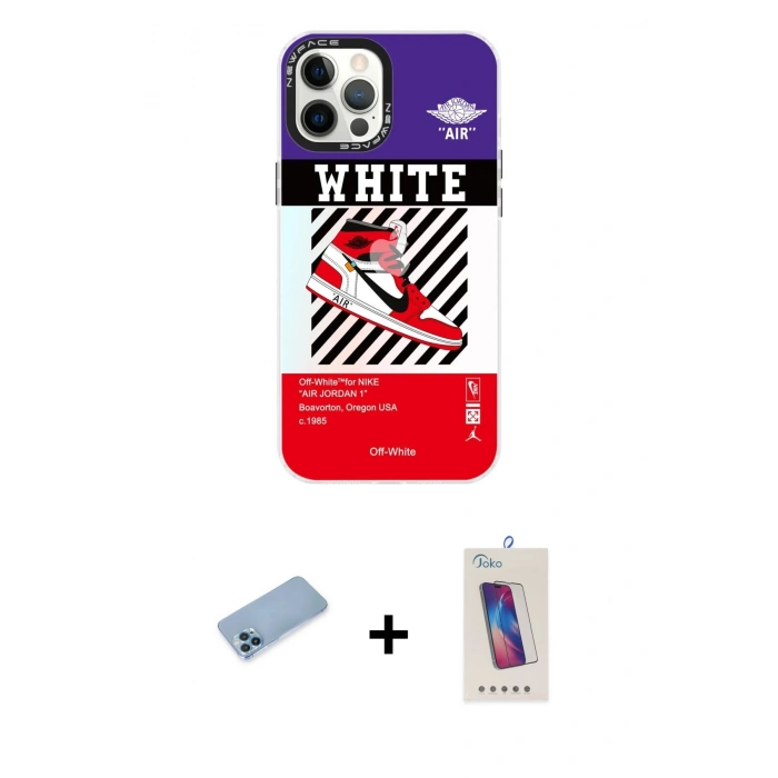 MARSİLYAN™- iPhone 12 Pro Max Kılıf Siluet Çizgi Koleksiyonu - Siyah Joko 5D Cam + Mavi Shine Kamera Lens Koruma Cam