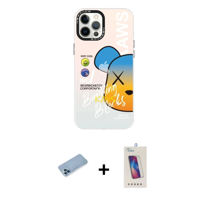 MARSİLYAN™- iPhone 12 Pro Max Kılıf Siluet Çizgi Koleksiyonu - Siyah Joko 5D Cam + Mavi Shine Kamera Lens Koruma Cam