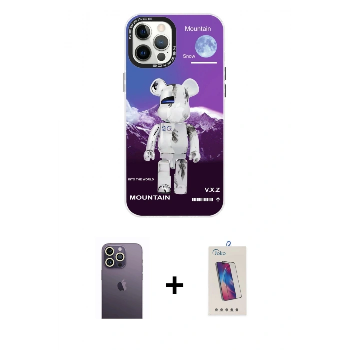 MARSİLYAN™- iPhone 12 Pro Max Kılıf Siluet Çizgi Koleksiyonu - Siyah Joko 5D Cam + Neon Fosforlu Kamera Lens - BZ