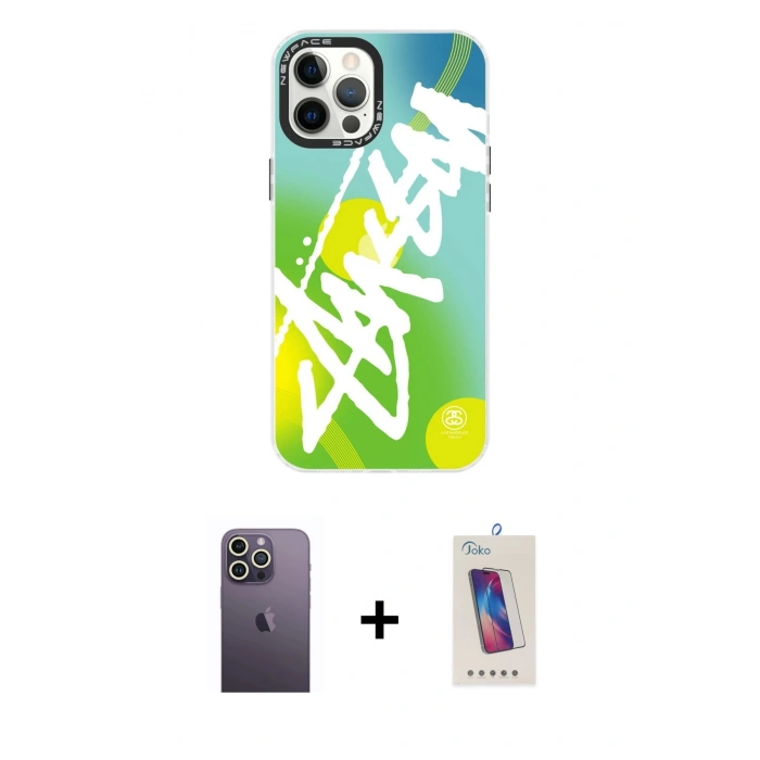 MARSİLYAN™- iPhone 12 Pro Max Kılıf Siluet Çizgi Koleksiyonu - Siyah Joko 5D Cam + Neon Fosforlu Kamera Lens - BZ