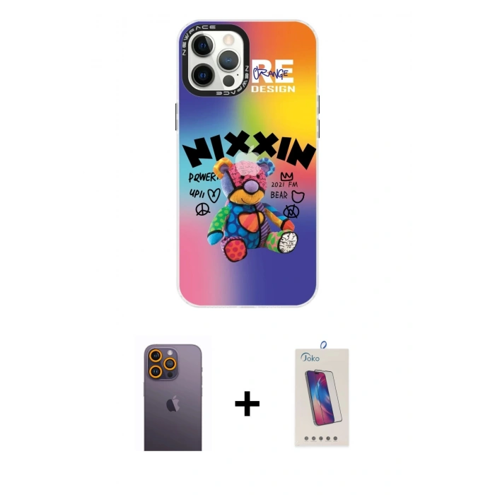 MARSİLYAN™- iPhone 12 Pro Max Kılıf Siluet Çizgi Koleksiyonu - Siyah Joko 5D Cam + Sarı Neon Fosforlu Kamera Lens
