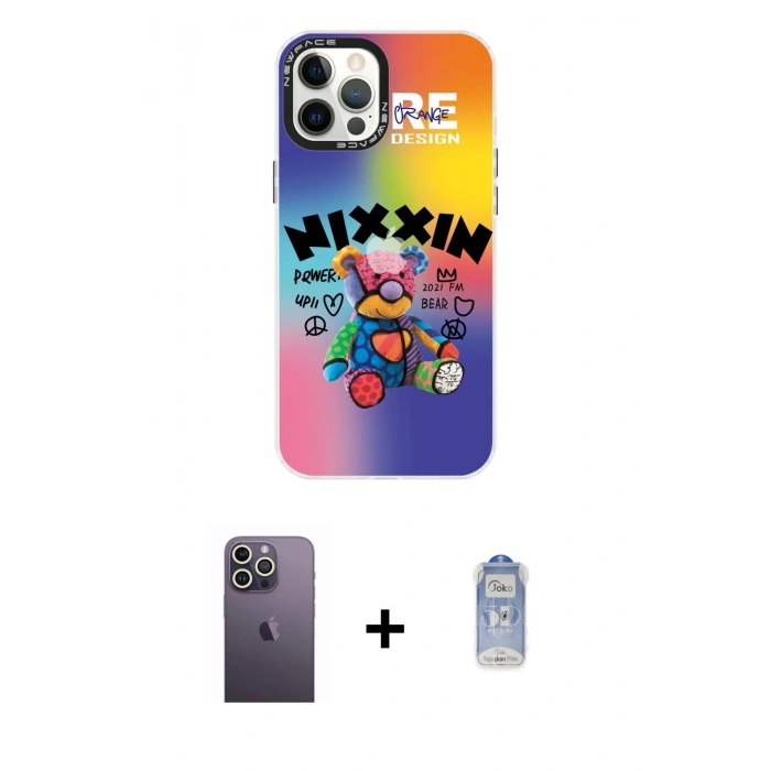 MARSİLYAN™- iPhone 12 Pro Max Kılıf Siluet Çizgi Koleksiyonu - Siyah Joko Magic 5D Cam + Beyaz Neon Fosforlu Kamera Lens