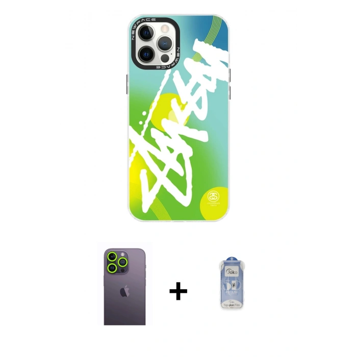 MARSİLYAN™- iPhone 12 Pro Max Kılıf Siluet Çizgi Koleksiyonu - Siyah Joko Magic 5D Cam + Neon Fosforlu Kamera Lens - YL
