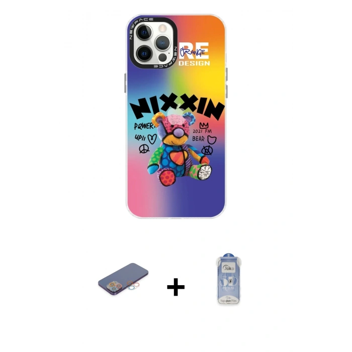 MARSİLYAN™- iPhone 12 Pro Max Kılıf Siluet Çizgi Koleksiyonu - Siyah Joko Magic 5D Cam + Pembe Renkli Kamera Lens Koruma Cam