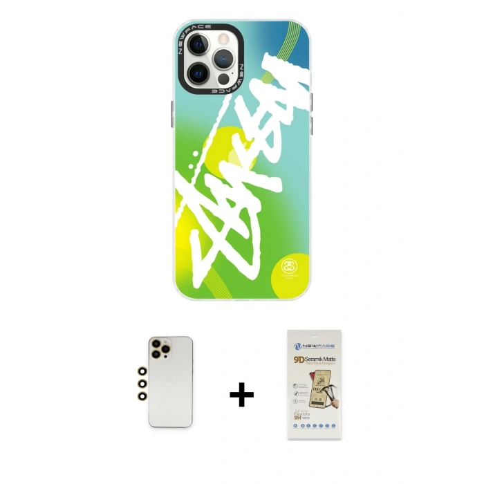 MARSİLYAN™- iPhone 12 Pro Max Kılıf Siluet Çizgi Koleksiyonu - Siyah Mat Seramik Nano Ekran Koruyucu + Shine Kamera Lens - GD