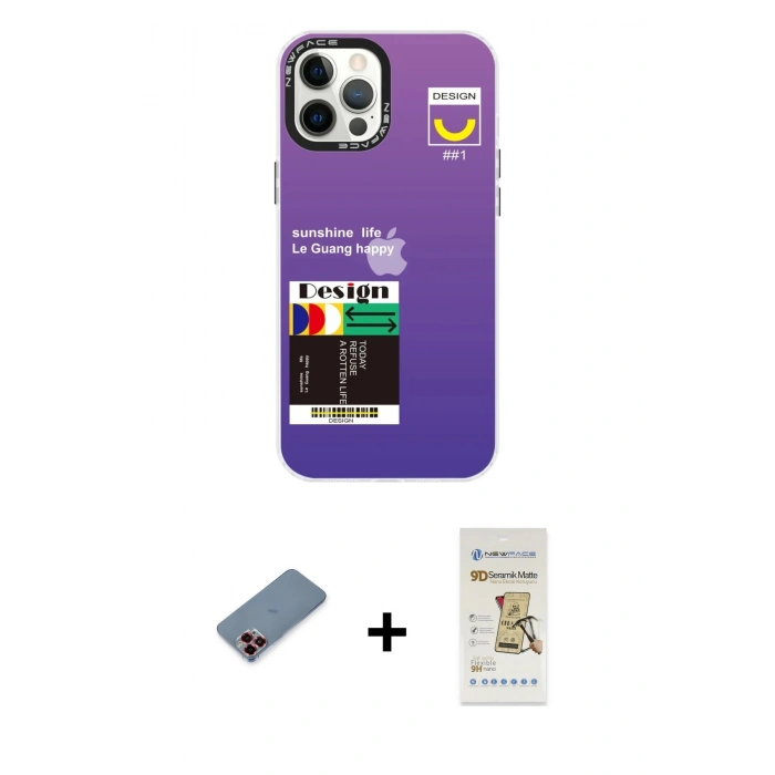 MARSİLYAN™- iPhone 12 Pro Max Kılıf Siluet Çizgi Koleksiyonu - Siyah Mat Seramik Nano Ekran Koruyucu + Kırmızı Metal Kamera Lens Koruma Cam
