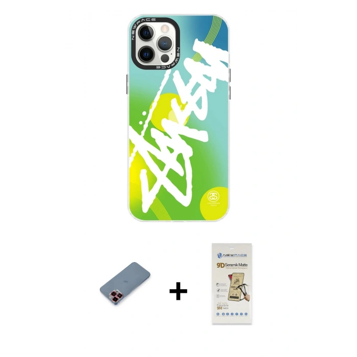 MARSİLYAN™- iPhone 12 Pro Max Kılıf Siluet Çizgi Koleksiyonu - Siyah Mat Seramik Nano Ekran Koruyucu + Kırmızı Metal Kamera Lens Koruma Cam