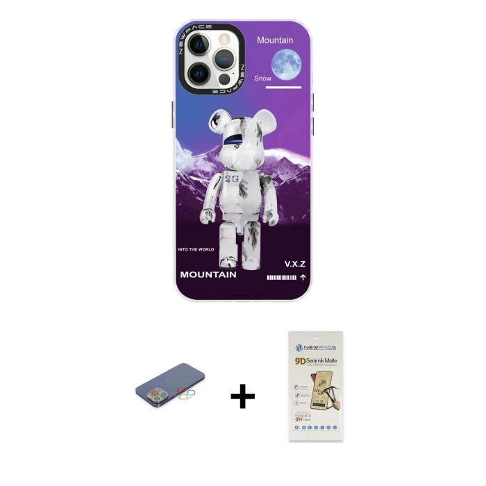 MARSİLYAN™- iPhone 12 Pro Max Kılıf Siluet Çizgi Koleksiyonu - Siyah Mat Seramik Nano Ekran Koruyucu + Renkli Kamera Lens Koruma Cam - MI