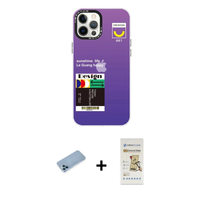 MARSİLYAN™- iPhone 12 Pro Max Kılıf Siluet Çizgi Koleksiyonu - Siyah Mat Seramik Nano Ekran Koruyucu + Mavi Shine Kamera Lens Koruma Cam