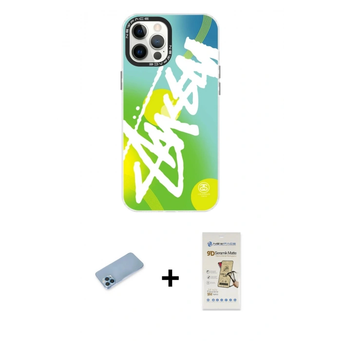 MARSİLYAN™- iPhone 12 Pro Max Kılıf Siluet Çizgi Koleksiyonu - Siyah Mat Seramik Nano Ekran Koruyucu + Mavi Shine Kamera Lens Koruma Cam