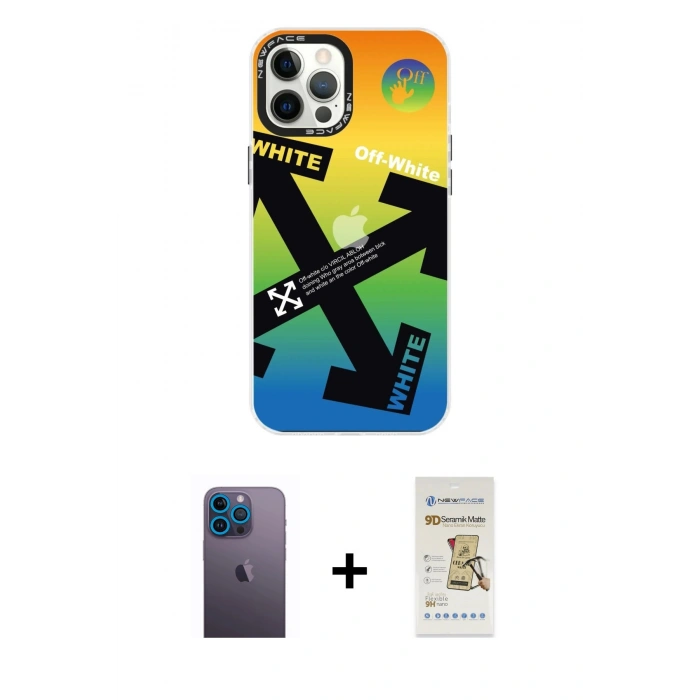 MARSİLYAN™- iPhone 12 Pro Max Kılıf Siluet Çizgi Koleksiyonu - Siyah Mat Seramik Nano Ekran Koruyucu + Neon Fosforlu Kamera Lens - MI