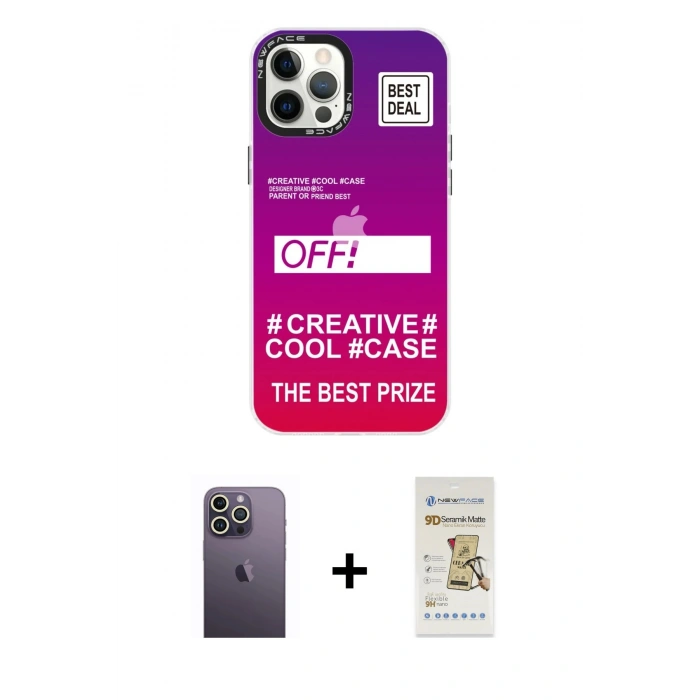 MARSİLYAN™- iPhone 12 Pro Max Kılıf Siluet Çizgi Koleksiyonu - Siyah Mat Seramik Nano Ekran Koruyucu + Neon Fosforlu Kamera Lens - BZ