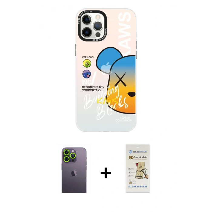 MARSİLYAN™- iPhone 12 Pro Max Kılıf Siluet Çizgi Koleksiyonu - Siyah Mat Seramik Nano Ekran Koruyucu + Neon Fosforlu Kamera Lens - YL