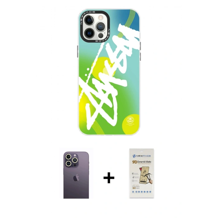 MARSİLYAN™- iPhone 12 Pro Max Kılıf Siluet Çizgi Koleksiyonu - Siyah Mat Seramik Nano Ekran Koruyucu + Neon Fosforlu Kamera Lens - BZ