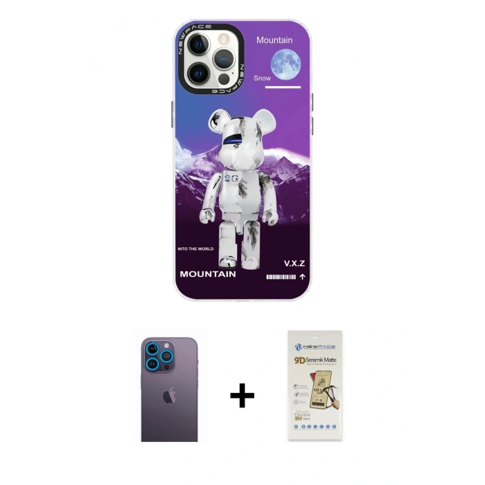 MARSİLYAN™- iPhone 12 Pro Max Kılıf Siluet Çizgi Koleksiyonu - Siyah Mat Seramik Nano Ekran Koruyucu + Neon Fosforlu Kamera Lens - MI