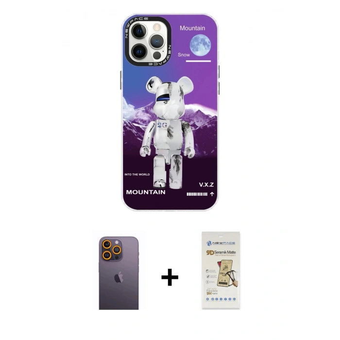 MARSİLYAN™- iPhone 12 Pro Max Kılıf Siluet Çizgi Koleksiyonu - Siyah Mat Seramik Nano Ekran Koruyucu + Neon Fosforlu Kamera Lens - SI