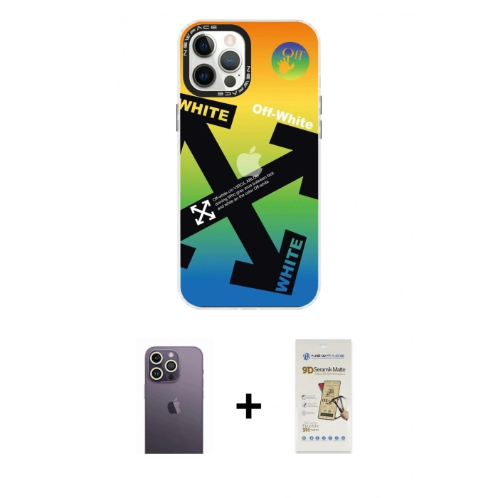 MARSİLYAN™- iPhone 12 Pro Max Kılıf Siluet Çizgi Koleksiyonu - Siyah Mat Seramik Nano Ekran Koruyucu + Neon Fosforlu Kamera Lens - BZ