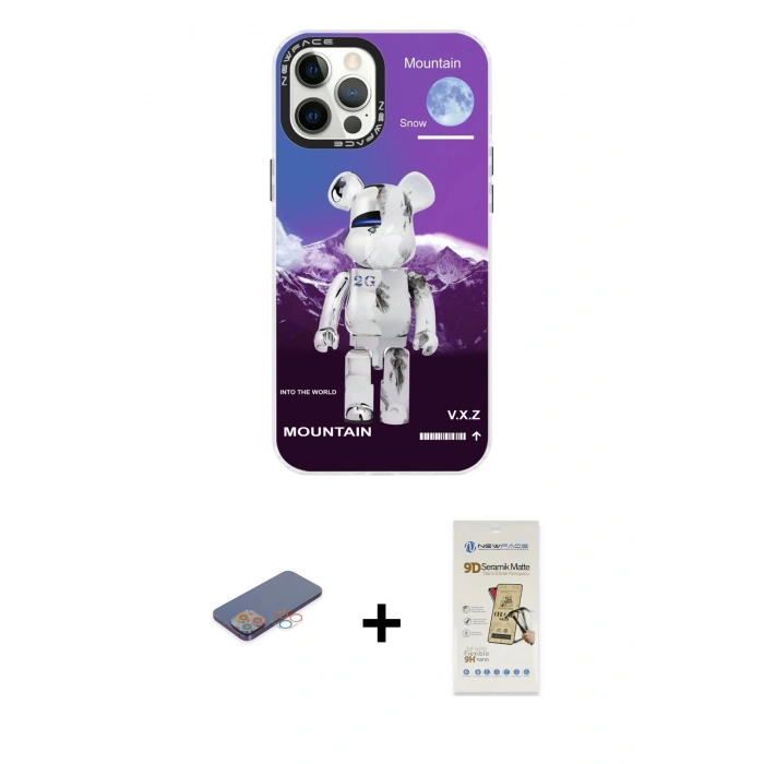 MARSİLYAN™- iPhone 12 Pro Max Kılıf Siluet Çizgi Koleksiyonu - Siyah Mat Seramik Nano Ekran Koruyucu + Renkli Kamera Lens Koruma Cam - PE
