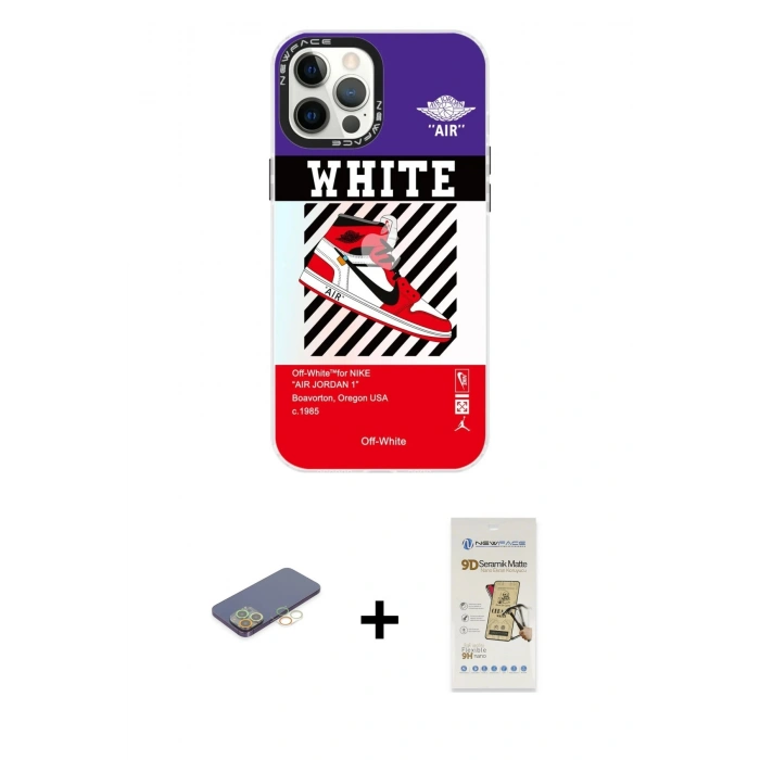 MARSİLYAN™- iPhone 12 Pro Max Kılıf Siluet Çizgi Koleksiyonu - Siyah Mat Seramik Nano Ekran Koruyucu + Renkli Kamera Lens Koruma Cam - SI