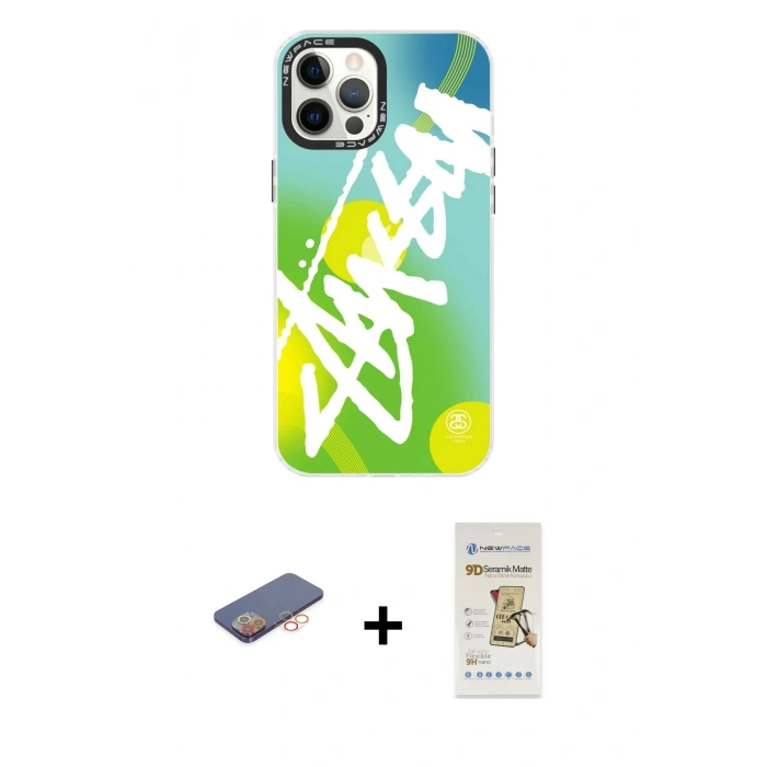 MARSİLYAN™- iPhone 12 Pro Max Kılıf Siluet Çizgi Koleksiyonu - Siyah Mat Seramik Nano Ekran Koruyucu + Renkli Kamera Lens Koruma Cam - TU
