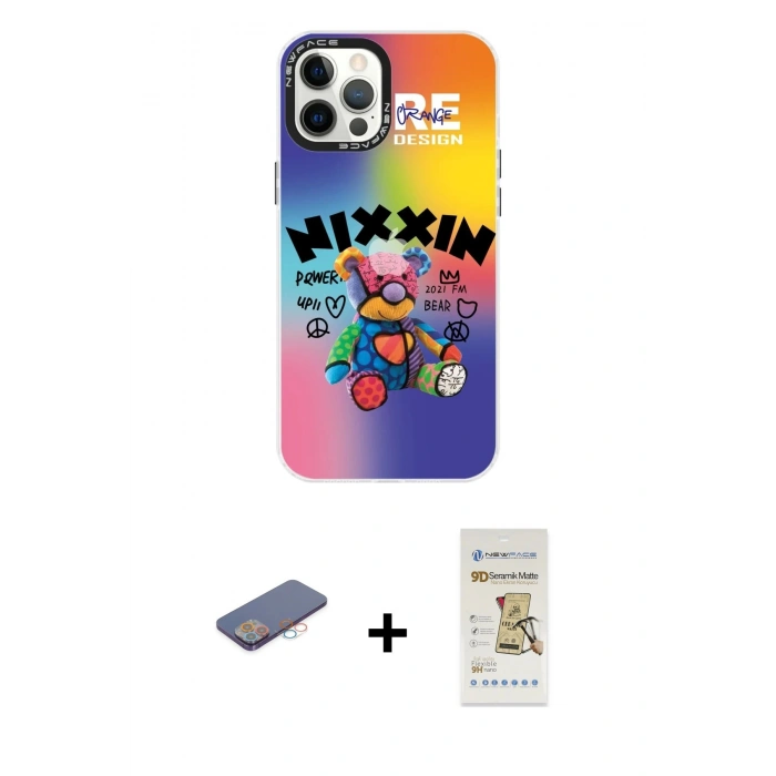 MARSİLYAN™- iPhone 12 Pro Max Kılıf Siluet Çizgi Koleksiyonu - Siyah Mat Seramik Nano Ekran Koruyucu + Renkli Kamera Lens Koruma Cam - PE