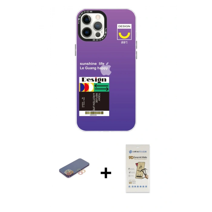 MARSİLYAN™- iPhone 12 Pro Max Kılıf Siluet Çizgi Koleksiyonu - Siyah Mat Seramik Nano Ekran Koruyucu + Renkli Kamera Lens Koruma Cam - TU