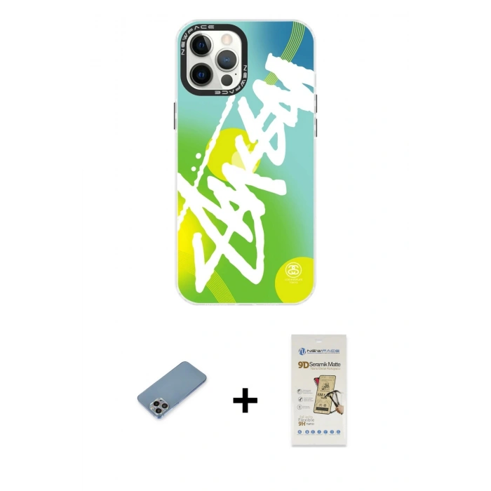 MARSİLYAN™- iPhone 12 Pro Max Kılıf Siluet Çizgi Koleksiyonu - Siyah Mat Seramik Nano Ekran Koruyucu + Shine Kamera Lens Koruma Cam - GI
