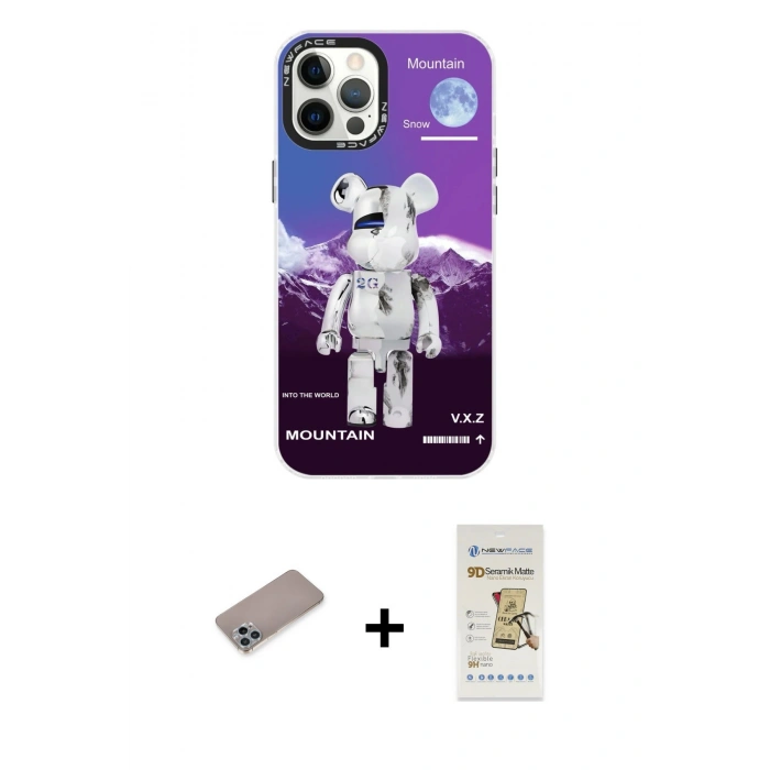 MARSİLYAN™- iPhone 12 Pro Max Kılıf Siluet Çizgi Koleksiyonu - Siyah Mat Seramik Nano Ekran Koruyucu + Sierra Blue Shine Kamera Lens Koruma Cam