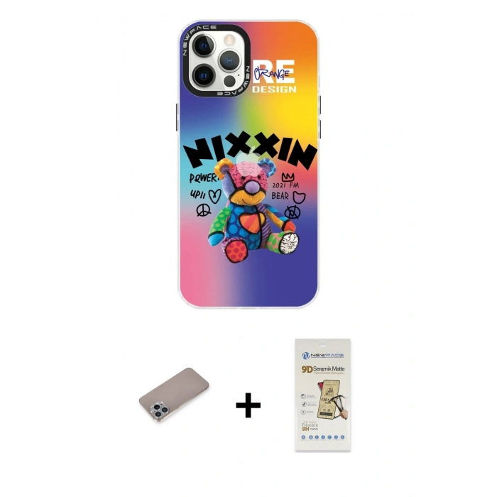 MARSİLYAN™- iPhone 12 Pro Max Kılıf Siluet Çizgi Koleksiyonu - Siyah Mat Seramik Nano Ekran Koruyucu + Sierra Blue Shine Kamera Lens Koruma Cam