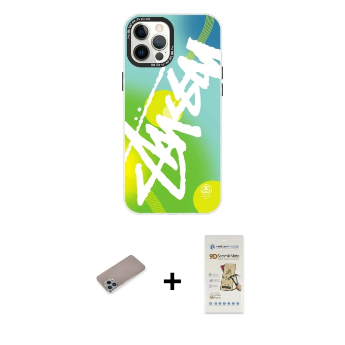 MARSİLYAN™- iPhone 12 Pro Max Kılıf Siluet Çizgi Koleksiyonu - Siyah Mat Seramik Nano Ekran Koruyucu + Sierra Blue Shine Kamera Lens Koruma Cam