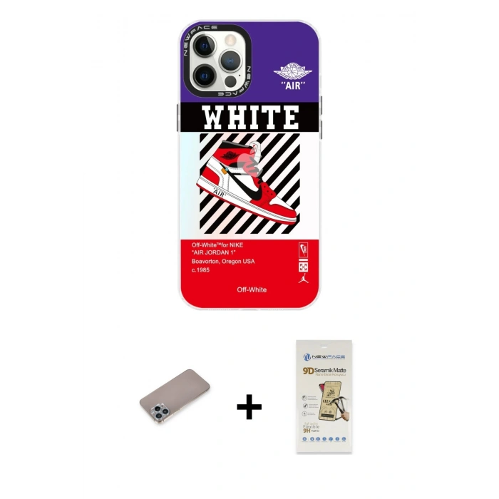 MARSİLYAN™- iPhone 12 Pro Max Kılıf Siluet Çizgi Koleksiyonu - Siyah Mat Seramik Nano Ekran Koruyucu + Sierra Blue Shine Kamera Lens Koruma Cam