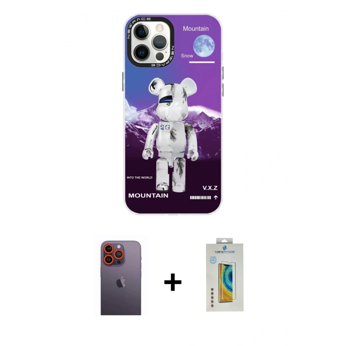 MARSİLYAN™- iPhone 12 Pro Max Kılıf Siluet Çizgi Koleksiyonu - Siyah Polymer Nano Ekran Koruyucu + Neon Fosforlu Kamera Lens - TU