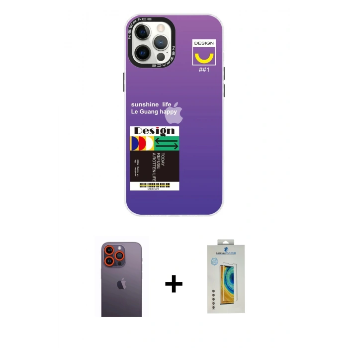 MARSİLYAN™- iPhone 12 Pro Max Kılıf Siluet Çizgi Koleksiyonu - Siyah Polymer Nano Ekran Koruyucu + Neon Fosforlu Kamera Lens - TU