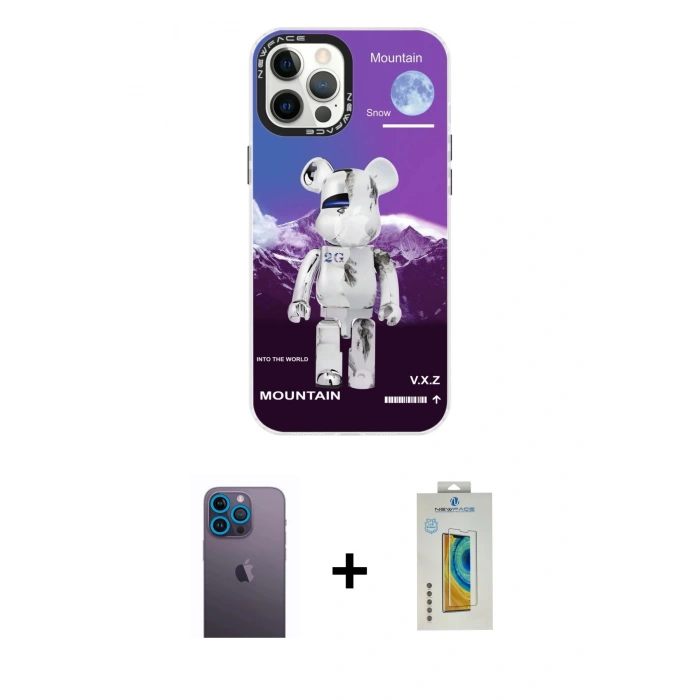 MARSİLYAN™- iPhone 12 Pro Max Kılıf Siluet Çizgi Koleksiyonu - Siyah Polymer Nano Ekran Koruyucu + Neon Fosforlu Kamera Lens - MI