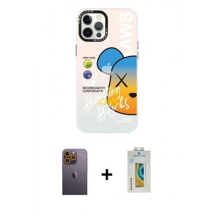 MARSİLYAN™- iPhone 12 Pro Max Kılıf Siluet Çizgi Koleksiyonu - Siyah Polymer Nano Ekran Koruyucu + Neon Fosforlu Kamera Lens - SI