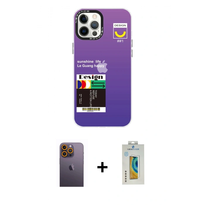 MARSİLYAN™- iPhone 12 Pro Max Kılıf Siluet Çizgi Koleksiyonu - Siyah Polymer Nano Ekran Koruyucu + Neon Fosforlu Kamera Lens - SI
