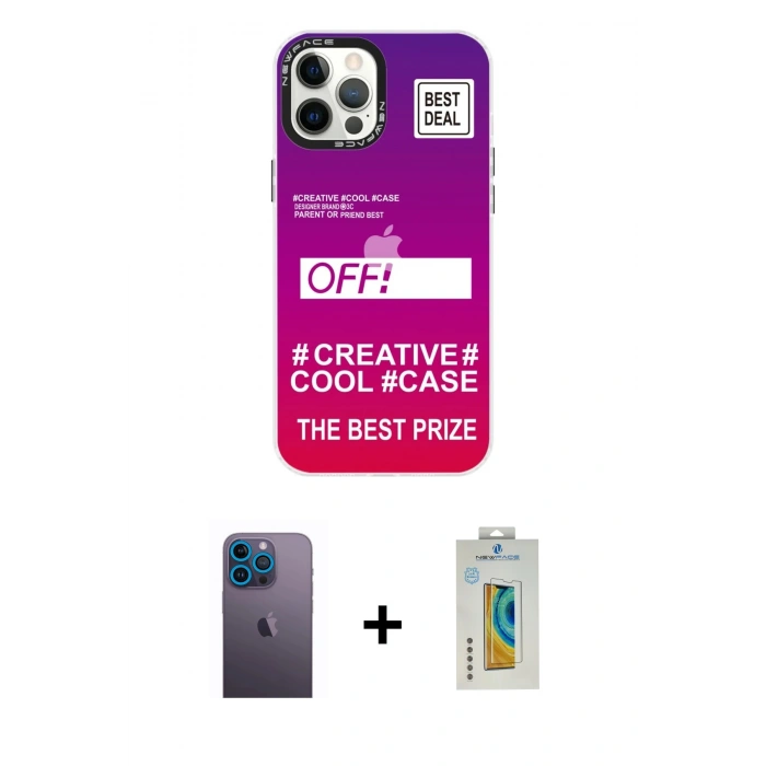 MARSİLYAN™- iPhone 12 Pro Max Kılıf Siluet Çizgi Koleksiyonu - Siyah Polymer Nano Ekran Koruyucu + Neon Fosforlu Kamera Lens - MI