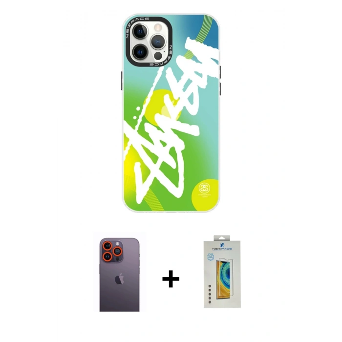 MARSİLYAN™- iPhone 12 Pro Max Kılıf Siluet Çizgi Koleksiyonu - Siyah Polymer Nano Ekran Koruyucu + Neon Fosforlu Kamera Lens - TU