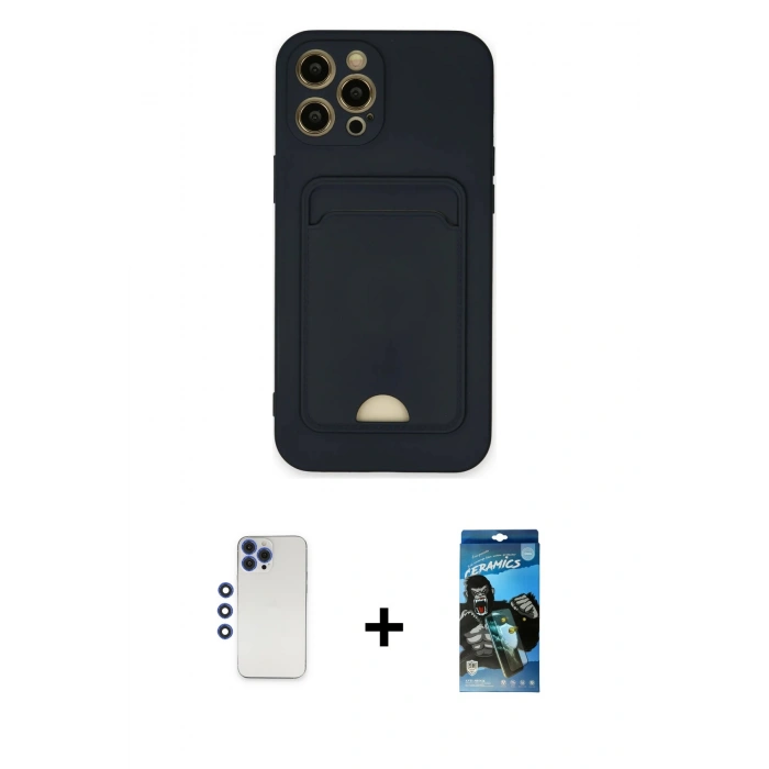 MARSİLYAN™- iPhone 12 Pro Max Kılıf Vadi Çizgi Prime - Siyah 34D Izgaralı Cam + Shine Kamera Lens - LT